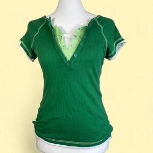 Vintage Y2K 90s Anxiety Faux Layering Green Top Deep V-Neck Womens Size Small